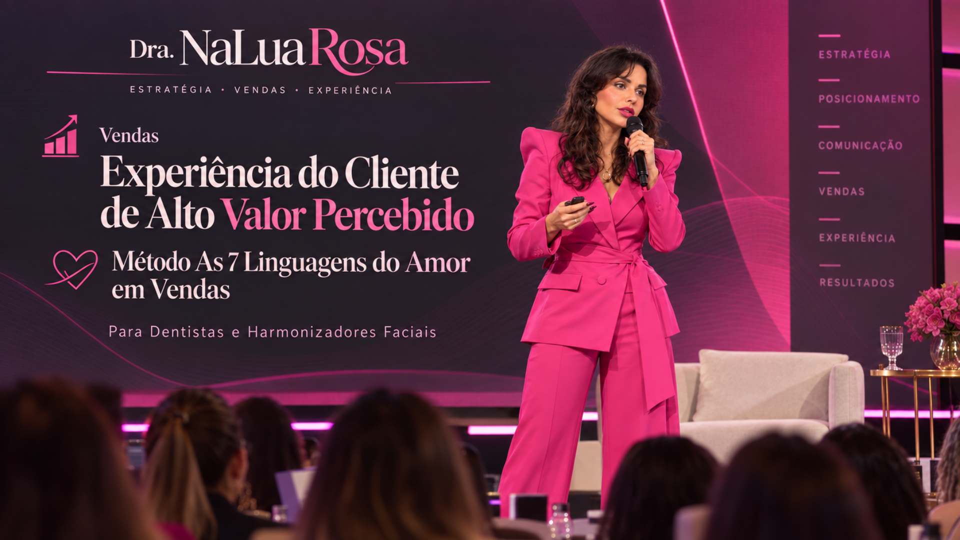 Dra. NaLua Rosa palestrando sobre experiência do cliente de alto valor percebido